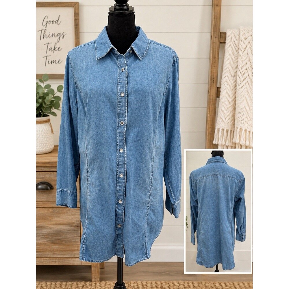 J. Jill Womens 1X Top Blue Chambray Button Up Long Sleeve 100% Cotton